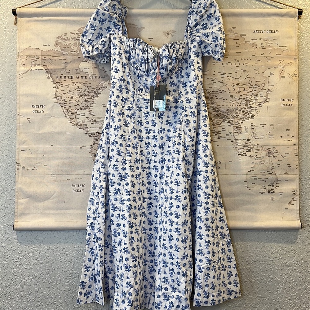 House of CB ‘Tallulah’ Blue & White Floral Puff Sleeve Bustier Dress NWOT - Picture 11 of 13